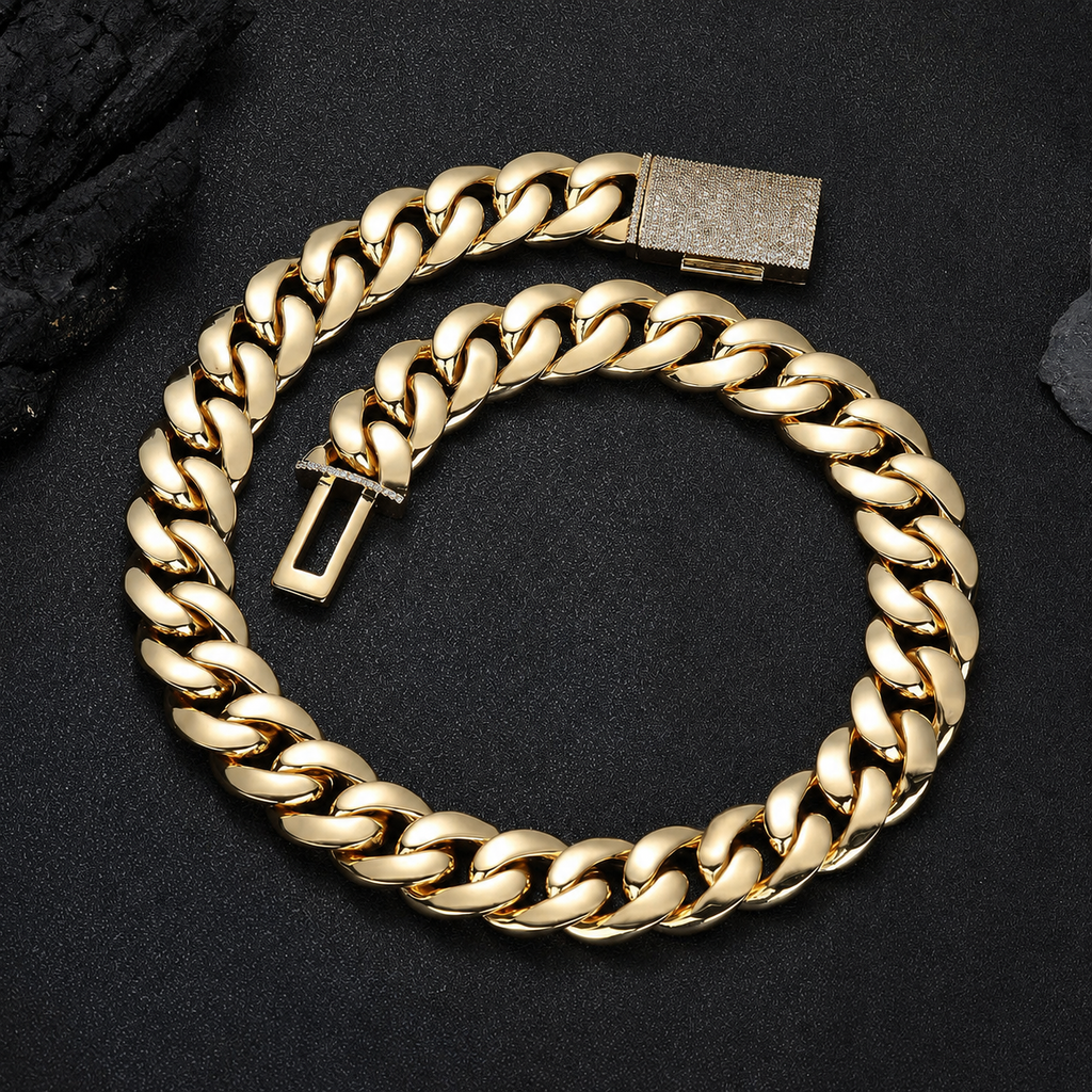 18-22mm Cuban Link Chain and Bracelet with Diamond Clasp Set in Gold and Rose Gold