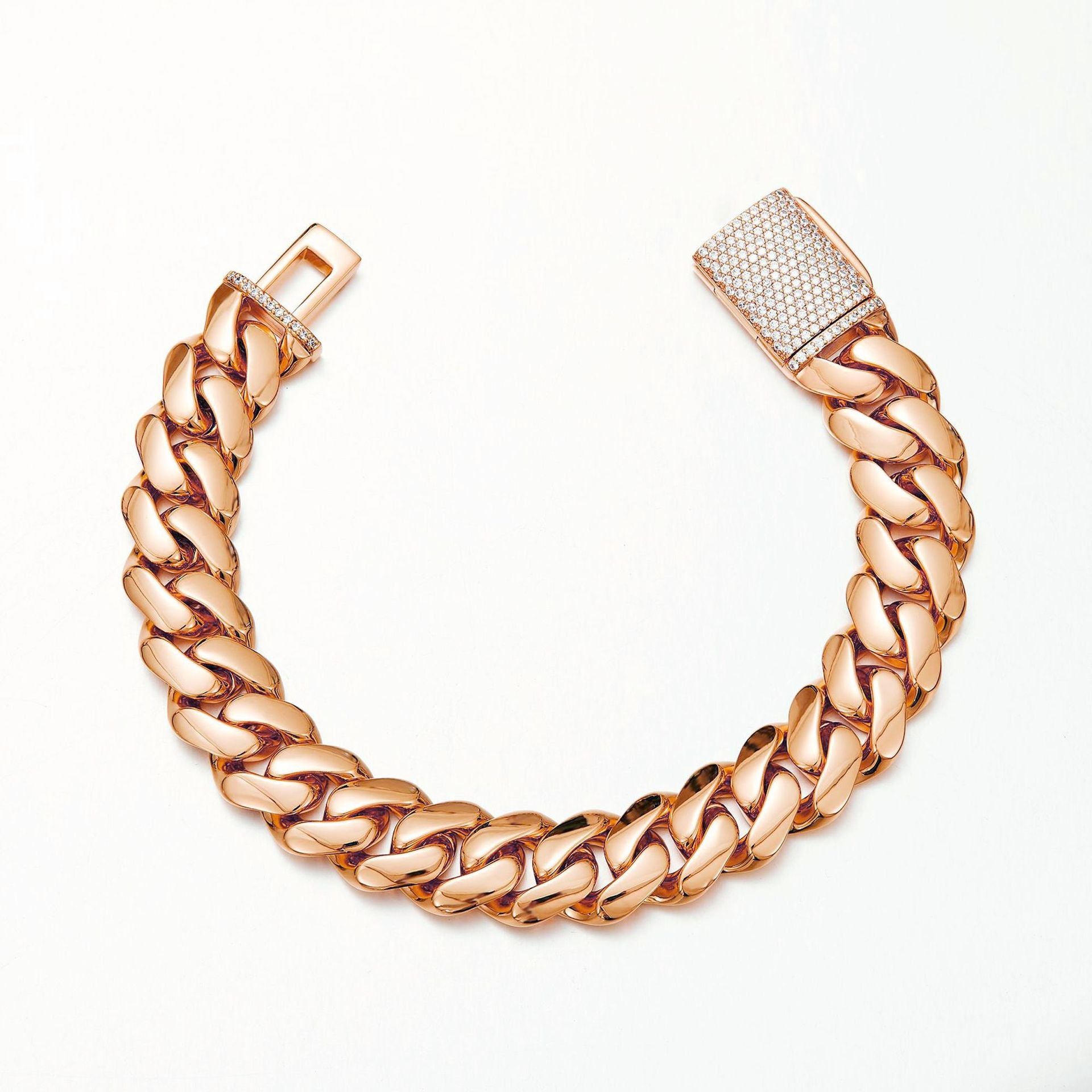 18-22mm Cuban Link Chain and Bracelet with Diamond Clasp Set in Gold and Rose Gold