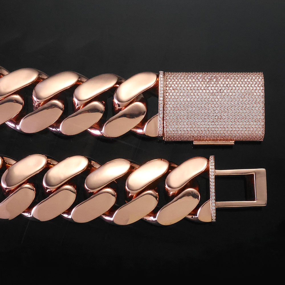 18-22mm Cuban Link Chain and Bracelet with Diamond Clasp Set in Gold and Rose Gold