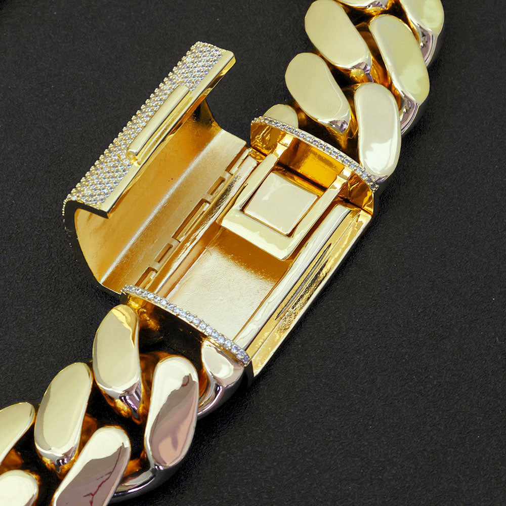 18-22mm Cuban Link Chain and Bracelet with Diamond Clasp Set in Gold and Rose Gold