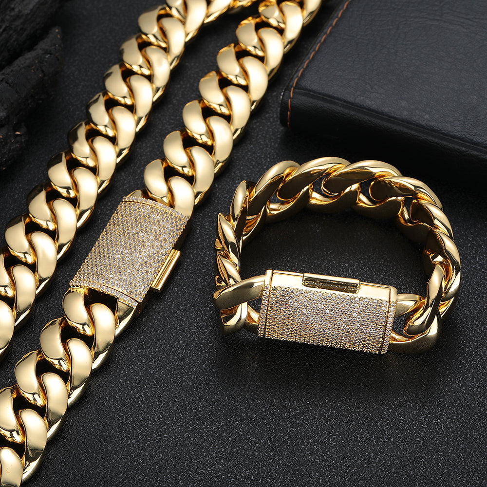 18-22mm Cuban Link Chain and Bracelet with Diamond Clasp Set in Gold and Rose Gold